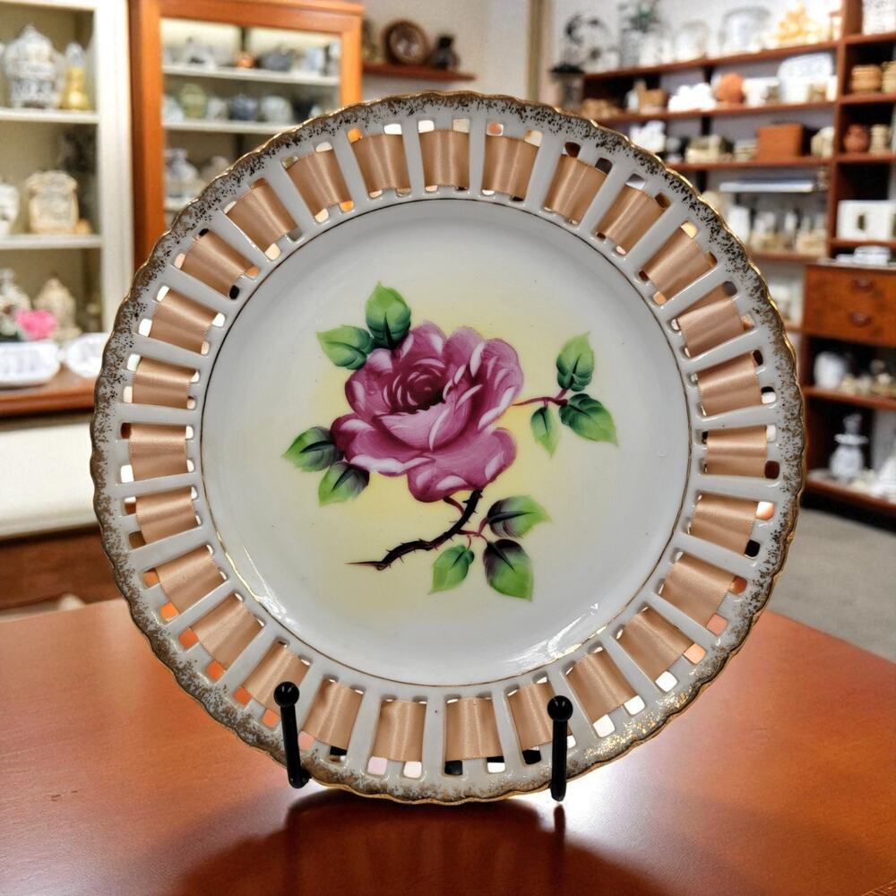Vintage Royal Sealy Japan Reticulated Plate Pink Rose Gold Trim Ribbon 1950s